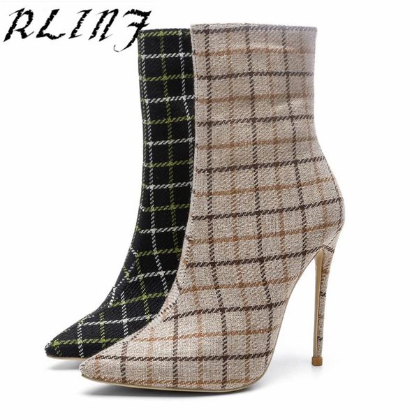 

rlinf new stiletto high-heeled plaid large size women's boots, Black