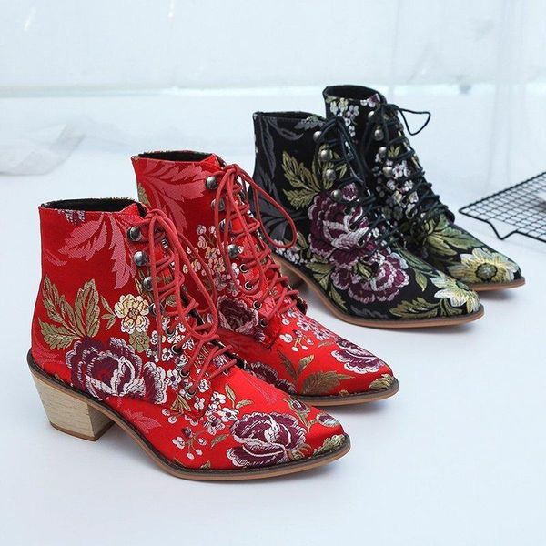 

winter 2020 women's boots fashion lace-up square-heel pu boots pointed toe mid-heel embroidered women's ankle botas mujer, Black