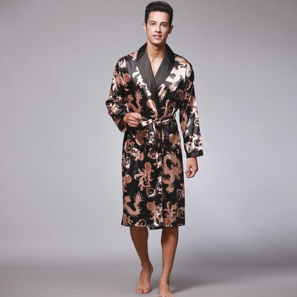 Erkekler Ipek Yaz Ve Sonbahar Saten Kimono Bornoz Diz Boyu Uzun Kollu Altın Ejderha Siyah Banyo Robe Sabahlık Kıyafeti Pijama 201023