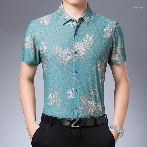 

men casual clothes 2020 summer fowers printed shirts mens silk shirts mens casual slim fit short sleeve blue dress club1, White;black