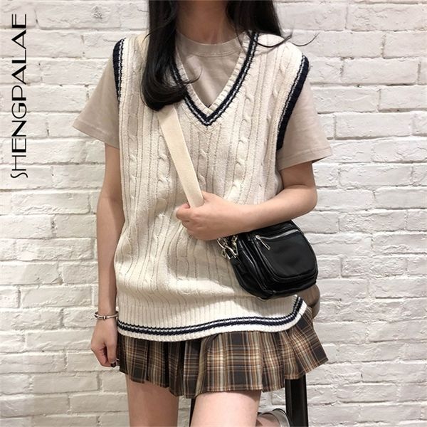 

shengpalae new summer fashion waistcoat women sleeveless loose tank hit color v-neck wild sweater vest za3978 201214, Black;white