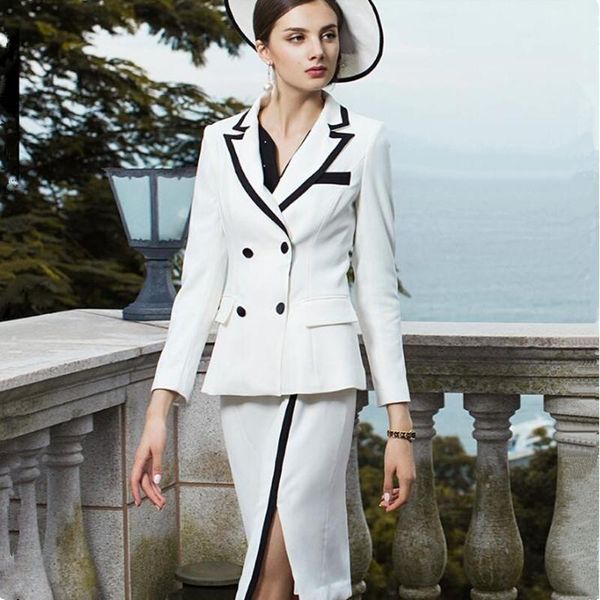 

two piece dress women skirt suits elegant office lady vintage double breasted blazer coat open fork midi formal work set uniform, White