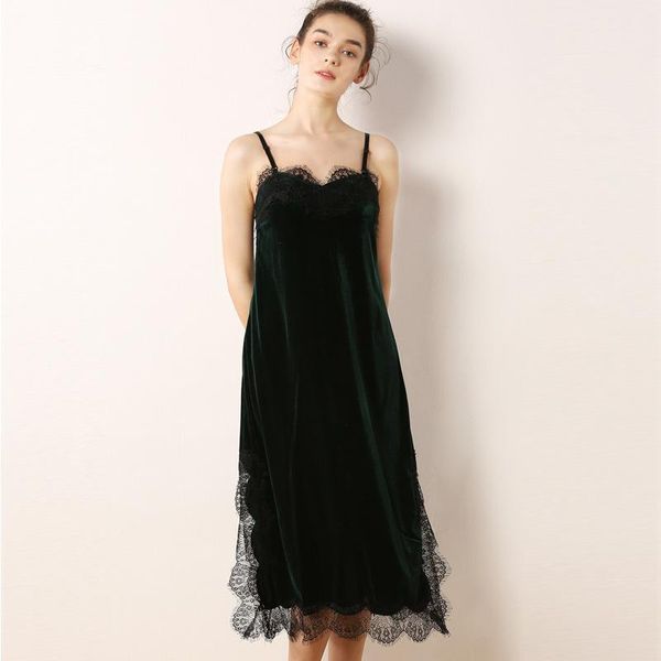 

autumn eyelash long nightdress sleeveless spaghetti strap sleeping dress gold velvet lace sleepwear ropa para dormir mujer1, Black;red