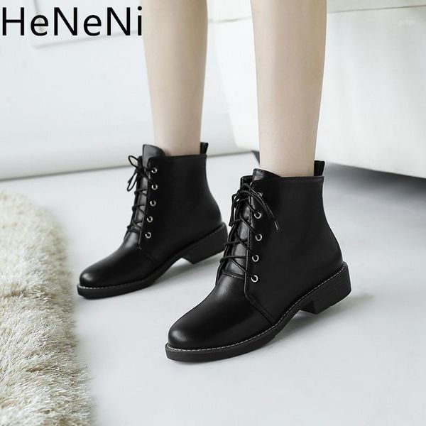 

boots women fashion winter round toe lace-up ankle shoes botines mujer plus size 34-431, Black