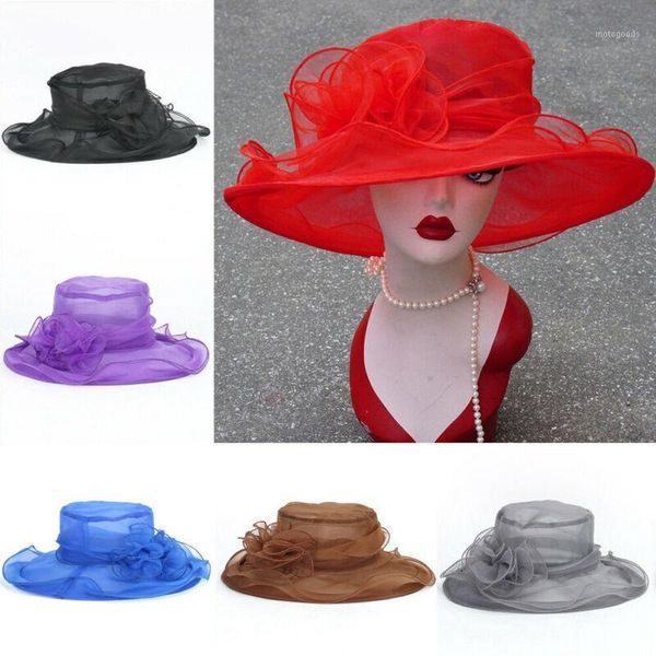 

fashion women elegant solid color flower wide brim flat sunhat wedding party cap1, Blue;gray