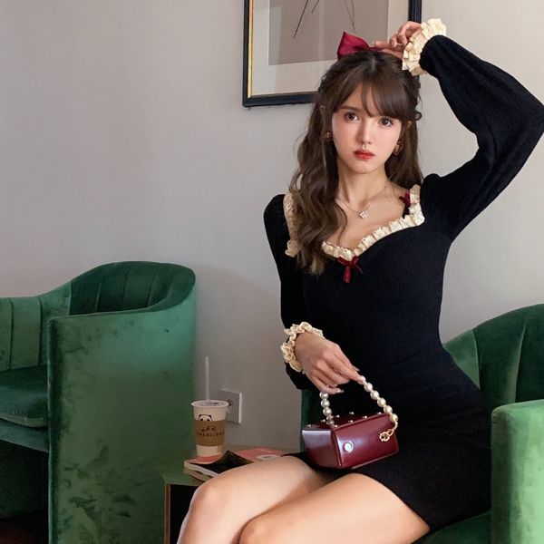 

new 2021 dressed in long sleeve knitted autumn/winter short style temperament down square collar dress y269 rluu ataw, Black;gray