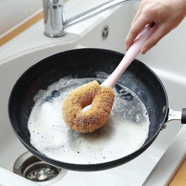 

long handle brown brush kitchen cleaning brush household brush pot wash pot cleaning dish coconut palm pot h jllinb