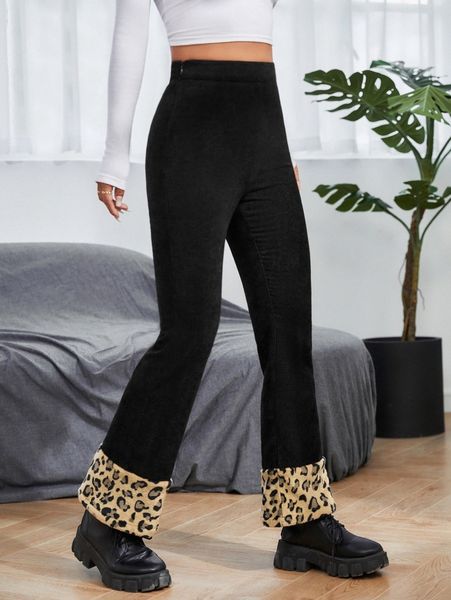 

petite contrast leopard corduroy pants p8ee#, Black;white
