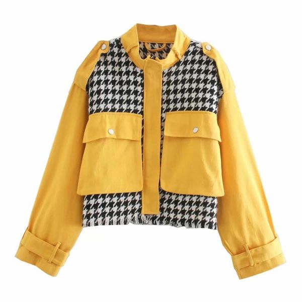 

2021 new womens fashion jacquard plaid patchwork down neck jackets girl zip coolorblock outerwear jak6, Black;brown