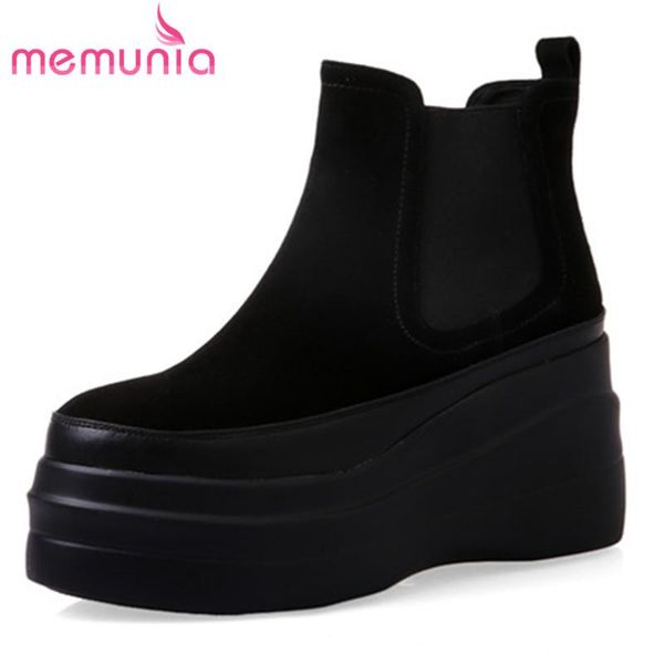 

memunia 2020 new arrive wedges platform shoes women ankle boots suede leather slip on autumn winter fashion casual shoes ladies, Black