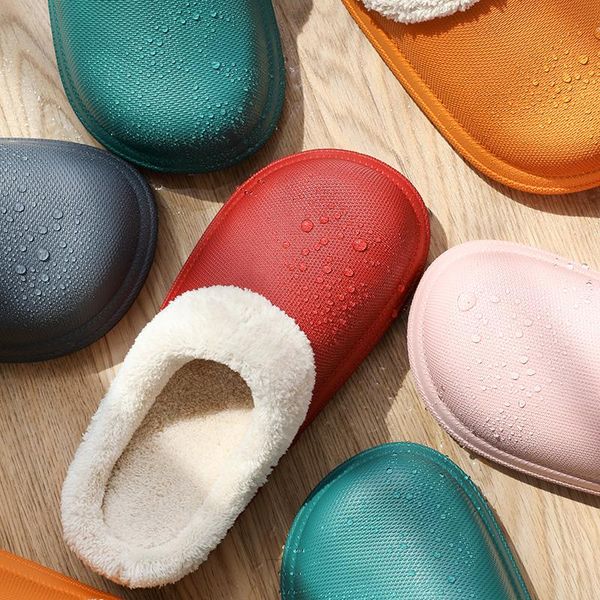 

women eva slippers winter warm 2020 waterproof winter cotton slippers plush waterproof house thick bottom men shoes, Black
