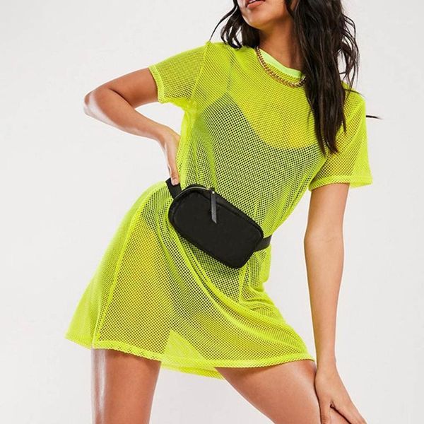 

summer net beach dress cover up women long short sleeve neon color beach bikini cover ups sheer bathing suit swimwear 20201
