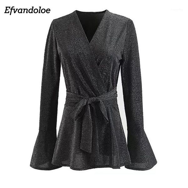 

efvandoloe women gray long shirt shiny v neck long sleeve blouse flare sleeve 2018 blusa manga comprida1, White