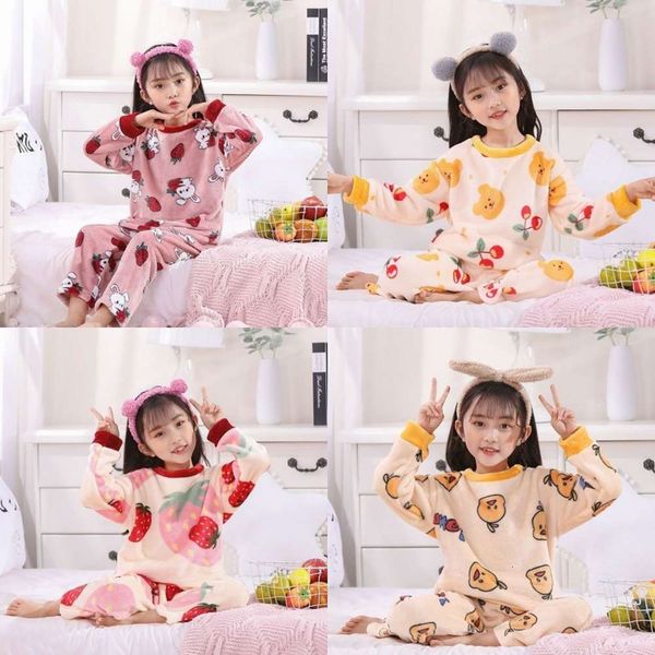 

new cartoon cute size 8-16 long sve pullover children's pajamas flannel warm suit girls' home wear, Blue;red