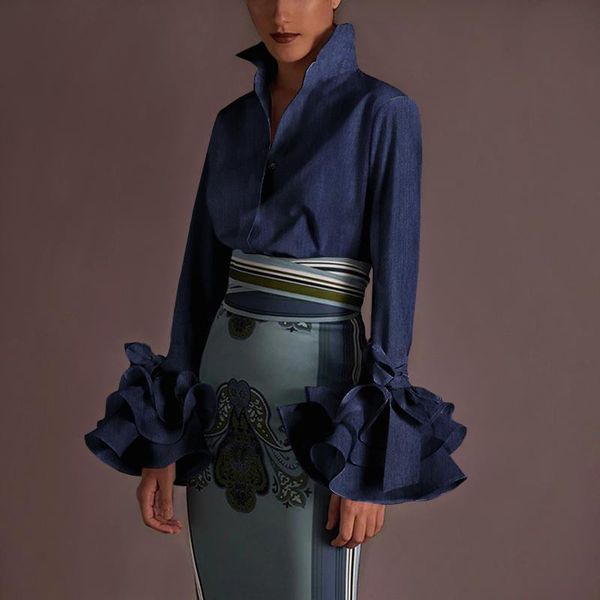 

fashion pagoda sleeve vintage demin shirts women's blouses vonda 2020 lapel casual loose solid blusas femininas s-5xl, White