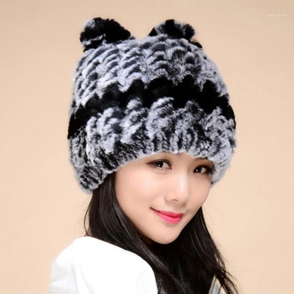 

beanie/skull caps 14613 knitted real rex fur hat cute cat beanie winter cap headgear head warmer headdress1, Blue;gray
