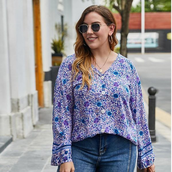 

2021 fashion autumn blouse women v neck long sleeve floral print casual blouse shirt plus size women clothiong ladies 1, White