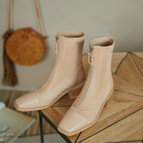 

boots korean women's mid-high fashion square toe mid-heel plus velvet warm nude 2021 winter trend, Black