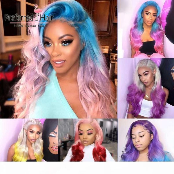 

preferred brazilian human hair wig ombre pink remy lace front wig pre plucked blue full lace human hair wigs for black women, Black;brown