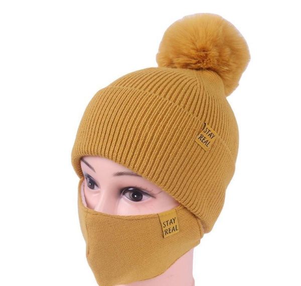 

dhl shipping womens girls knit beanie cap with face mask set soft warm lined winter ski pompom hat outdoor bbyczu xmhyard, Black