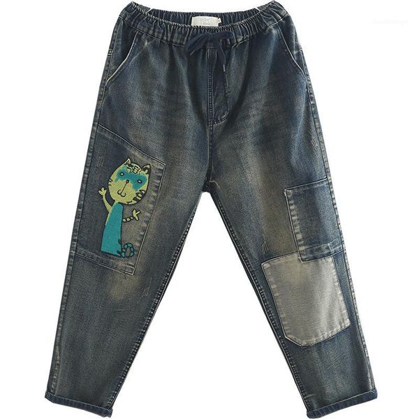 

omikron women autumn fashion brand vintage cartoon cat embroidered denim jeans female casual frayed harem pants trousers1, Blue