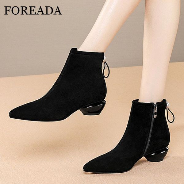 

foreada real leather woman boots med heel ankle boots zip pointed toe shoes pearl strange style heel short ladies black 42