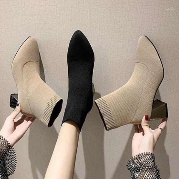 

boots spring/autumn women ankle high-heel shoes woman stretch fabric knee-high pointed socks brand, Black