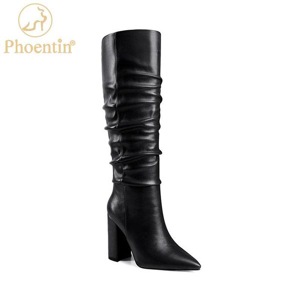 

boots phoentin women pleated high knee autumn winter fashion long white ladies super heels shoes red ft1287, Black