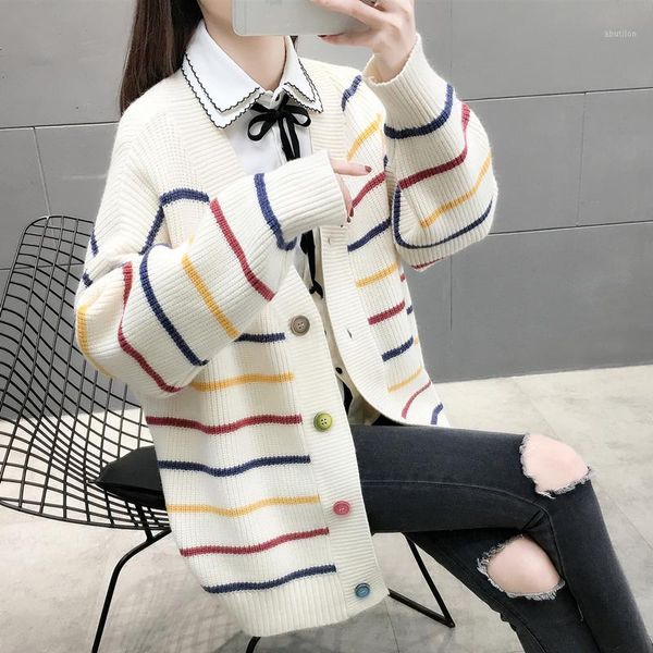 

women's knits & tees 5085h area 56 right] - spring style yuanbao needle color button stripe cardigan 651, White