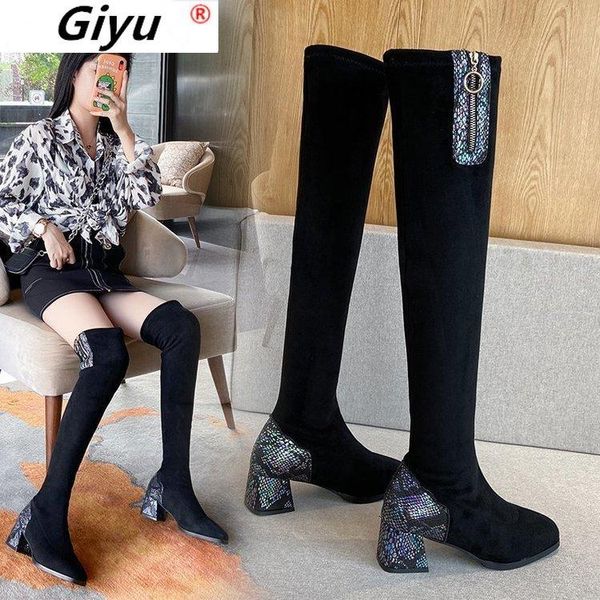 

fall 2020 leather boots with sleeves and round-heeled rubber heel with cavalier boots over-the-knee winter for women, Black