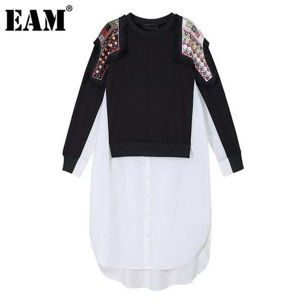 

[eam] women black embroidery split midi dress new round neck long sleeve loose fit fashion tide spring autumn 2020 lj201203, White;black