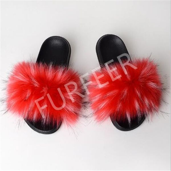

women's winter artificial fur home shoes faux fox fur slippers women fur slides eva fluffy plush furry sandals ladies flip flops y20102, Black