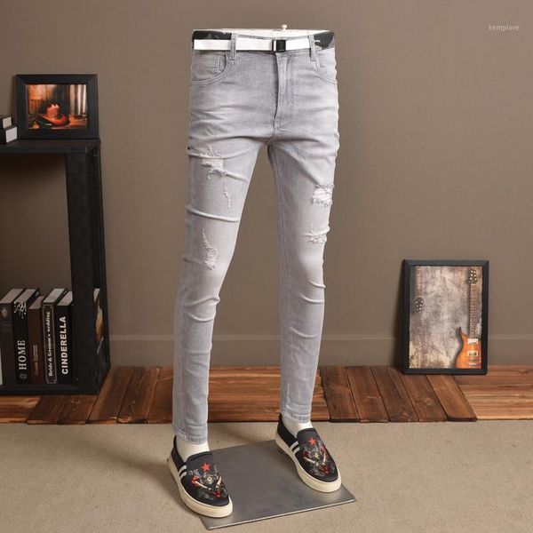 

light spring summer new gray jeans with holes men stretch slim fit small feet korean style casual ripped long pants1, Blue