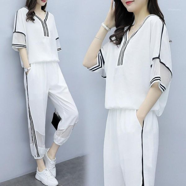 

summer white casual sports suit female korean loose slimming fashion two sets of tide summer suits for women set plus size s-3xl1