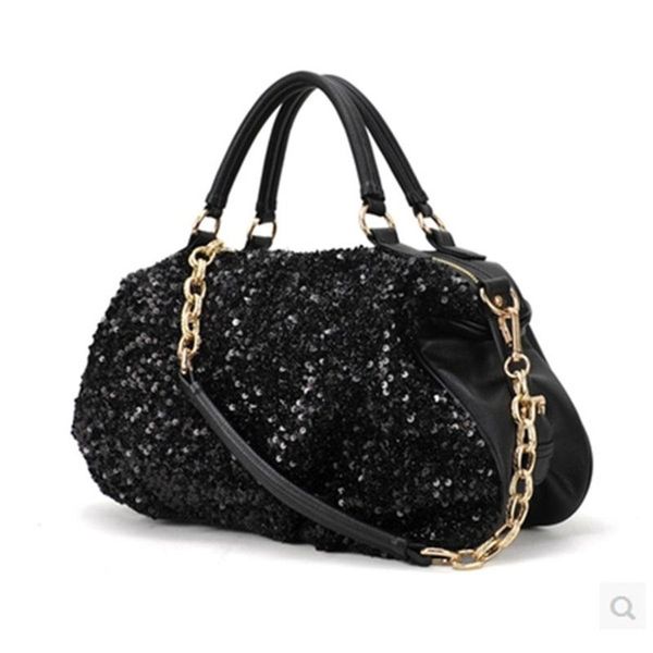 

fashion womens ladies black bling sequins handbag pu leather tote shoulder bag purse shining chain messenger bag
