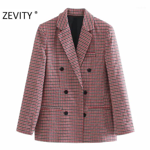 

zevity new women vintage plaid print notched collar retro blazer office lady double breasted streetwear suits outwear ct6081, White;black