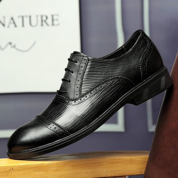 

men's genuine leather business dress shoes lace up formal wear wedding party shoes men lace up soft oxfords brogue, Black