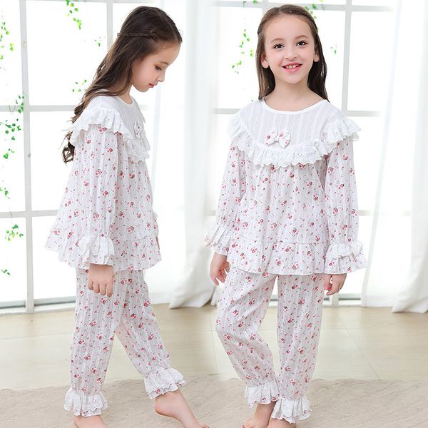 

2019 autumn sleepwear kids pajama sets girls nightclothes baby pyjamas long sleeve flare children home clothes 2y-14y c1019, Blue;red