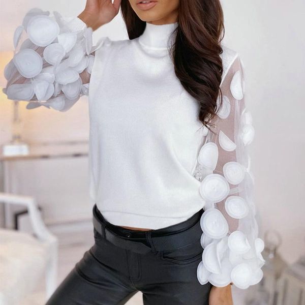 

2020 spring long sleeve blouse women mesh patchwork blouse shirt casual turtleneck women blouses ladies tunic blusas mujer, White