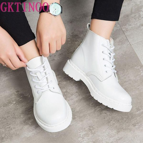 

boots gktinoo women white ankle genuine leather motorcycle female 2021 autumn winter ladies platform shoes large size 43, Black