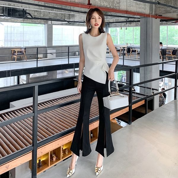 

oy0ga 2020 лучшей белая рубашка летняя топ женской профессиональная белой рубашка новой высокой талии брюки нерегулярного костюм женщины bvo, Gray