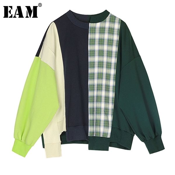 

eam] loose fit plaid stitch oversized sweatshirt new round neck long sleeve women big size fashion tide spring 2020 1s349 y1109, Black