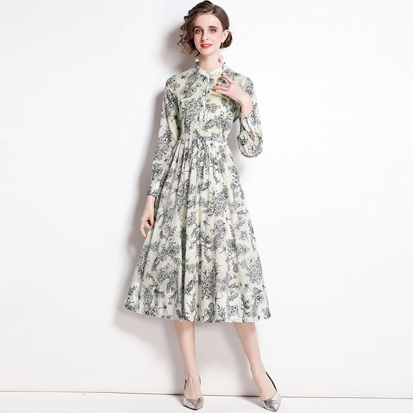 

elegant women shirring pleated dress spring new flower print vestidos stand collar long sleeve beach holiday dresses, Black;gray