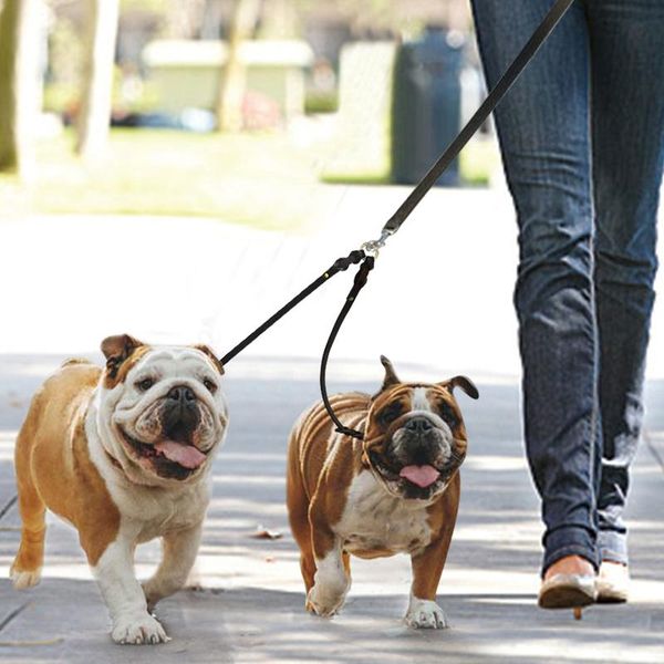 

pet dog braid leash genuine leather pet double leashes 2 way anti-rust pets walking strap for 2 dogs bla bbyruo