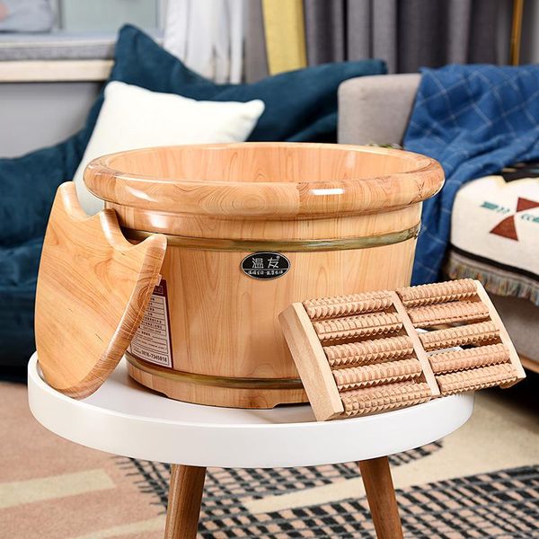 

infant shining thick pedicur foot bucket wooden with lid 21cm&26cm insulation environmental protection foot barrel