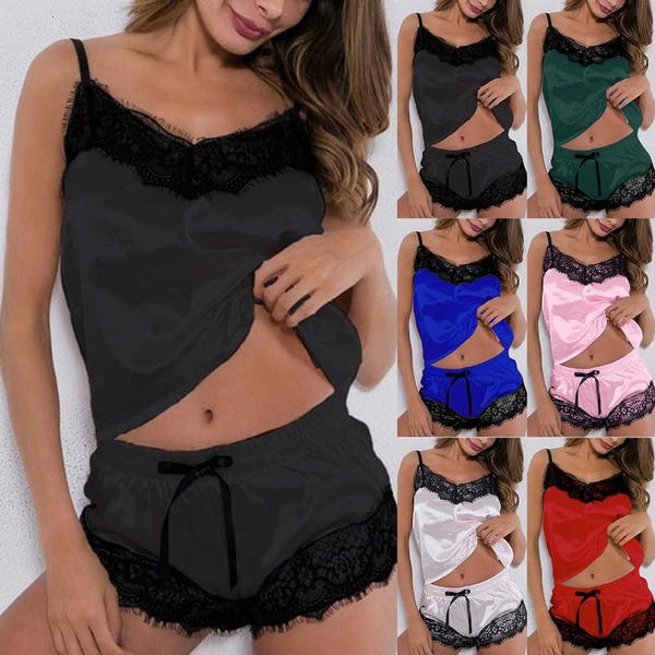 

women's pajamas lingerie underwear babydoll nightwear v-neck sleeveless satin lace sleepwear pajama set, Black;white