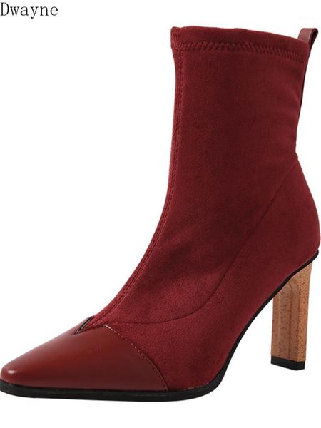 

boots 2021 spring and autumn models pointed women's slim socks short tube thick with high-heeled wild fashion1, Black