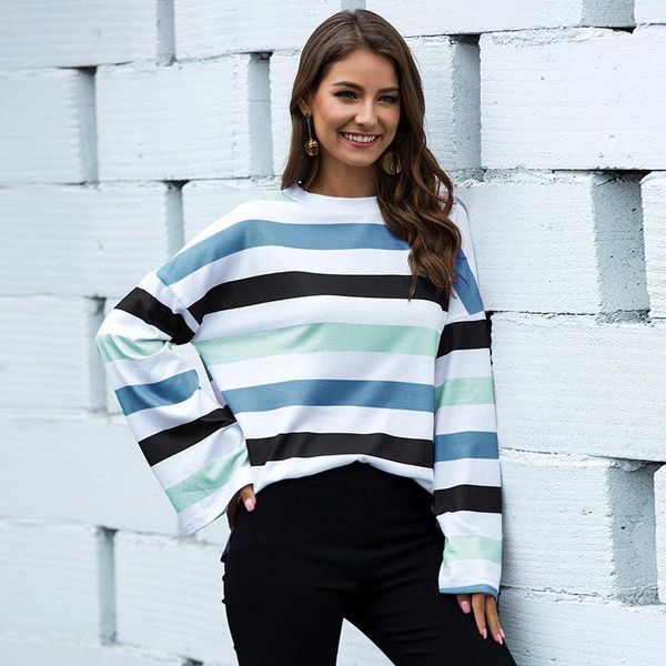 

2020 autumn women causal colorful striped long flare sleeve t shirt fashion loose tshirt clothing o neck t-shirt female1, White