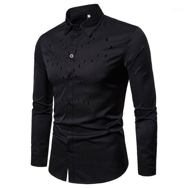 

men's foreign trade autumn and winter solid color large chest regular openwork men's long sleeve lapel shirt1, White;black