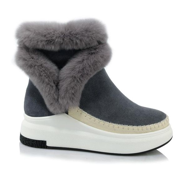 

2021genuine leather snow boots flat platform winter warm women ankle boots femal shoes black gray big size 33-43